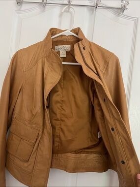 Lucky Brand Women's Tan Leather Jacket with Band Collar